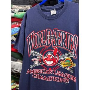 Vintage 1997 Cleveland Indians World Series AL Champions Shirt Delta Navy L